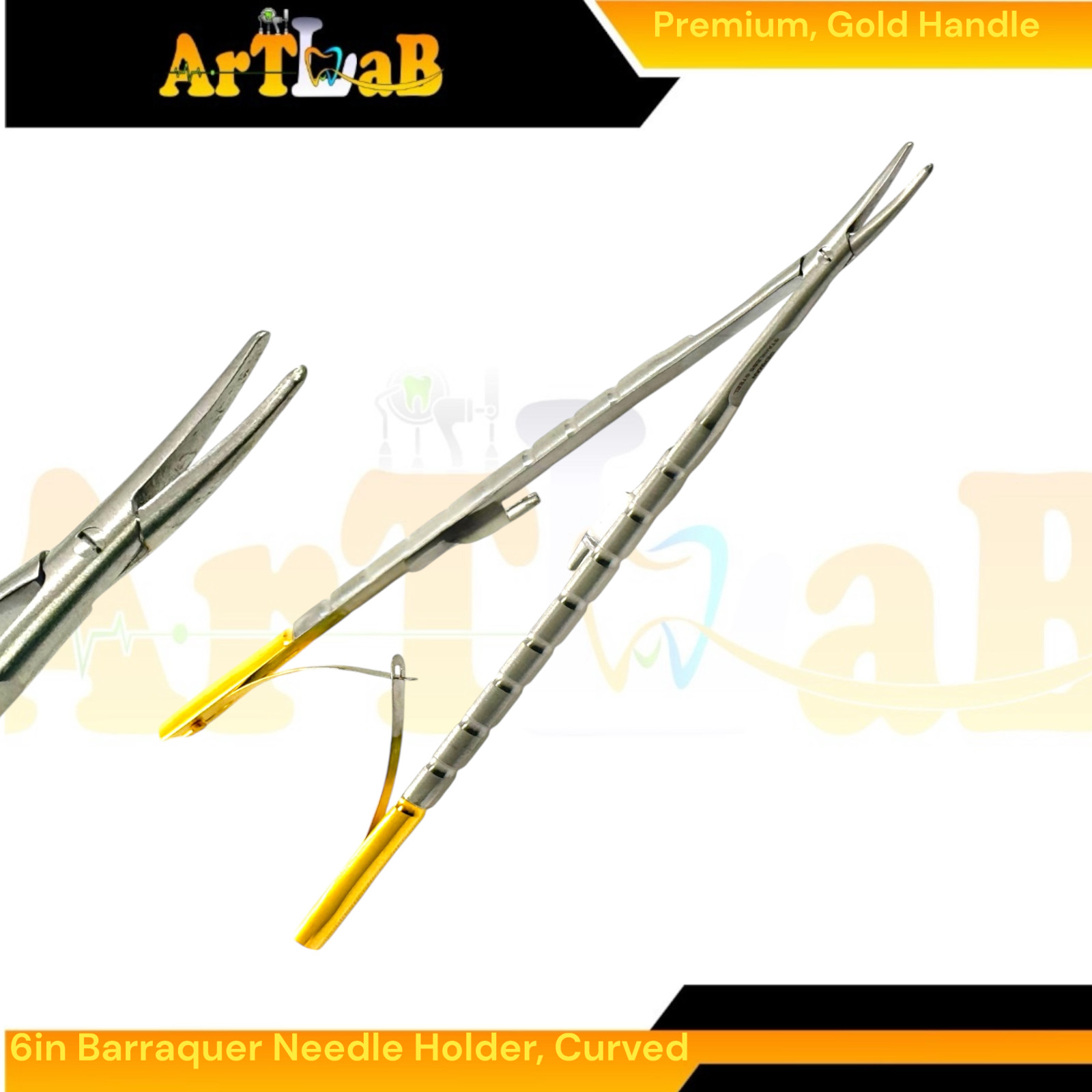 6in Castroviejo-Barraquer Micro Needle Holder, Curved Smooth Tips & Lock Handle