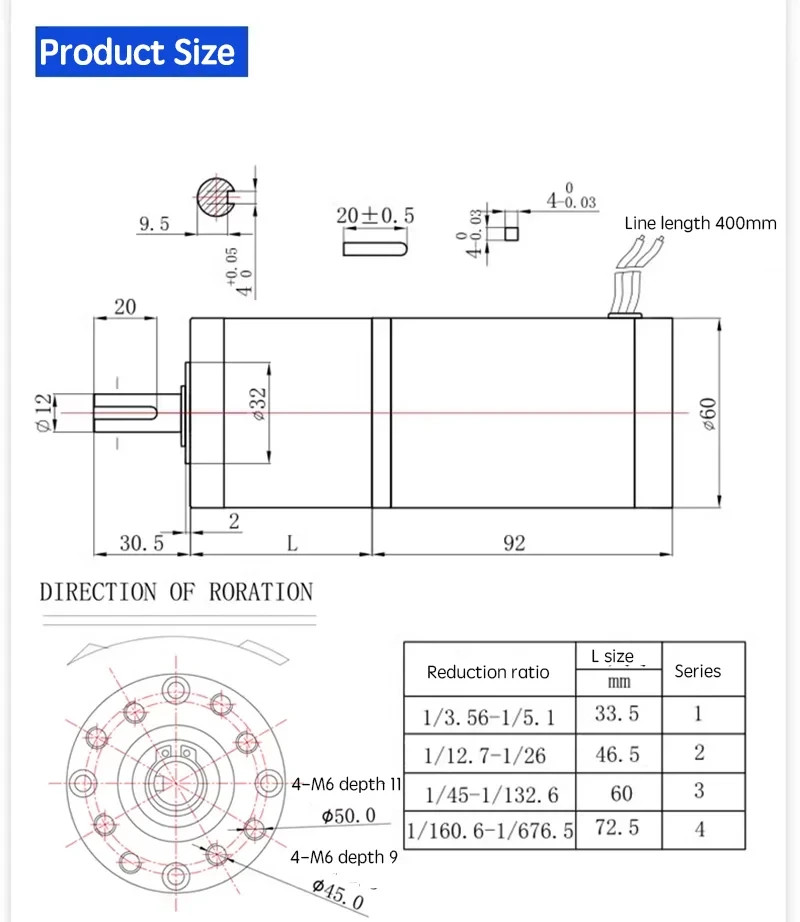 250KG 60GX6092R 60mm12mm Shaft Diameter Planetary DC Reduction High Torque Motor