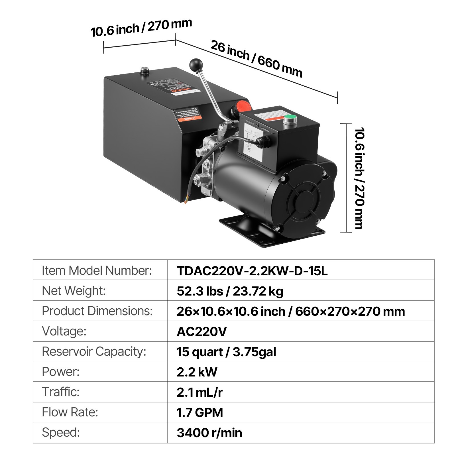 VEVOR Hydraulic Pump Power Unit AC 220V 15 Quart Single Acting Hydraulic Unit