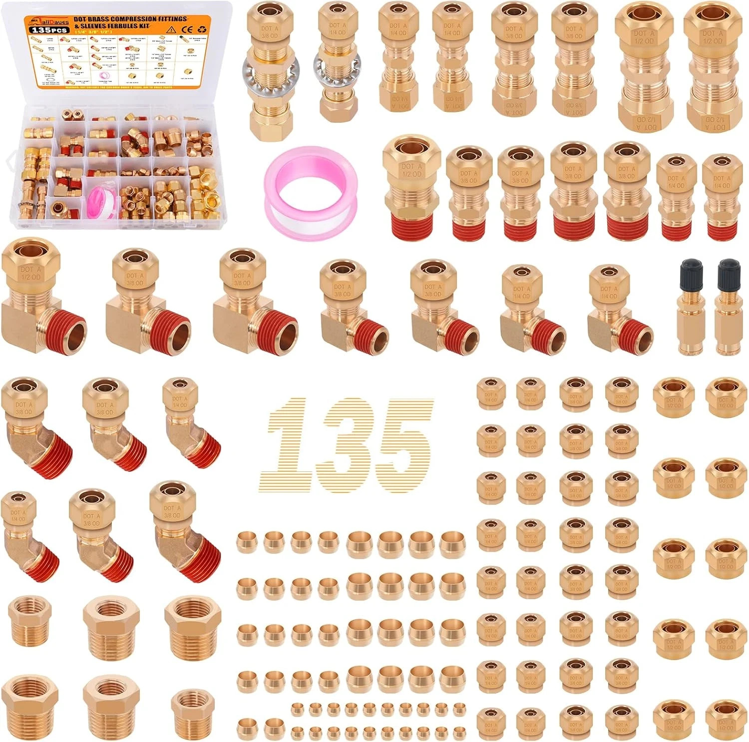 135 Pcs DOT Air Brake Line Fittings, 1/4″ 3/8″ 1/2″ Brass DOT Compression Air Ny