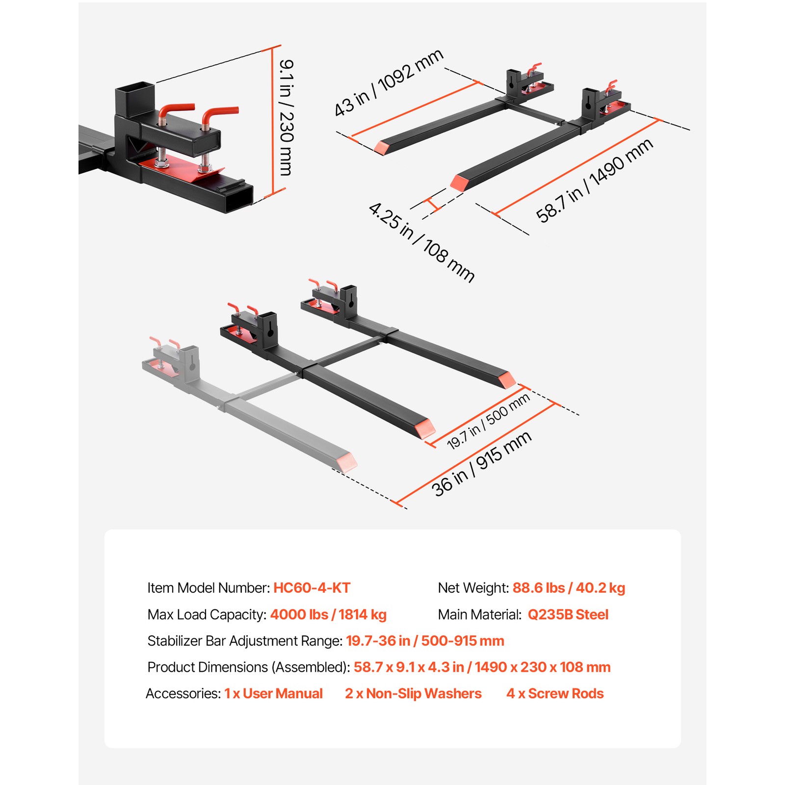 Uimoso 60 inch 4000 lbs Clamp On Pallet Forks, Tractor Forks with Stabilizer Bar
