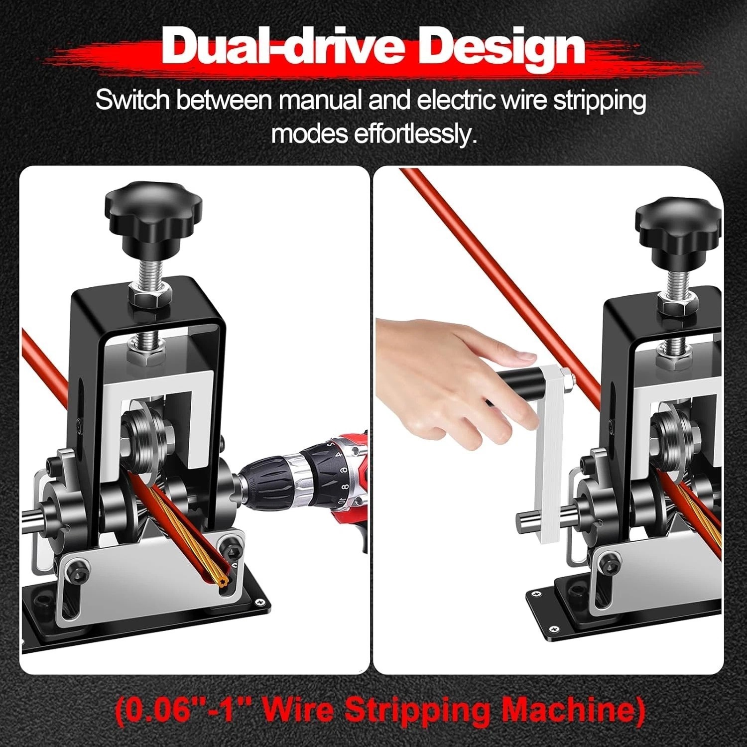 Dual-Drive Copper Wire Stripper: Drill Powered and Hand Crank Tool, 0.06″ to 1″