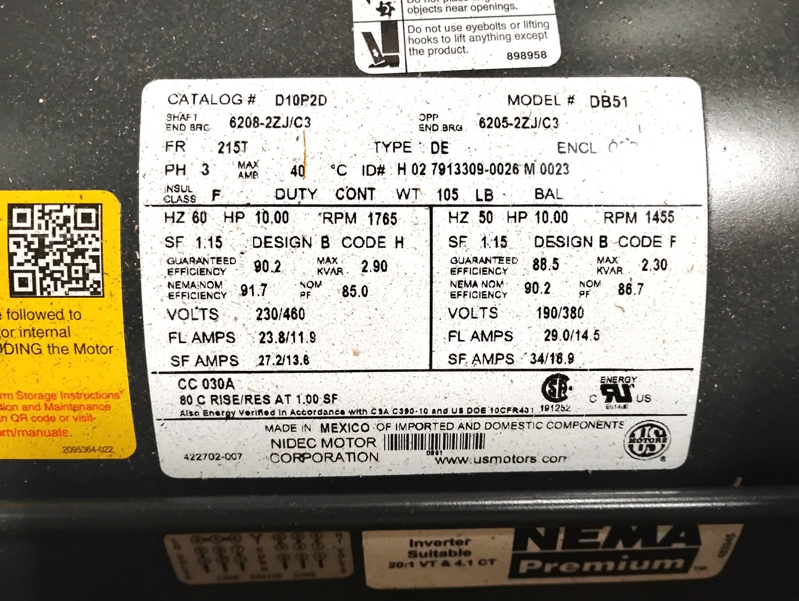 NIDEC US Motors D10P2D 230/460 190/380 V 10 HP 1455/1765 RPM 215T ODP Motor