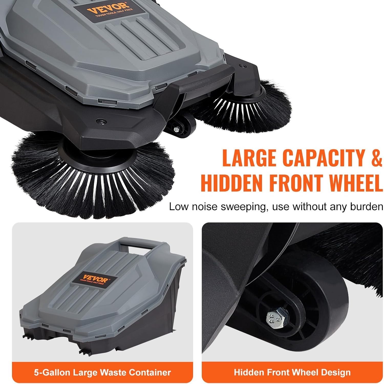 25.6″ Walk-Behind Hand Push Floor Sweeper with Large 5-Gallon Waste Container