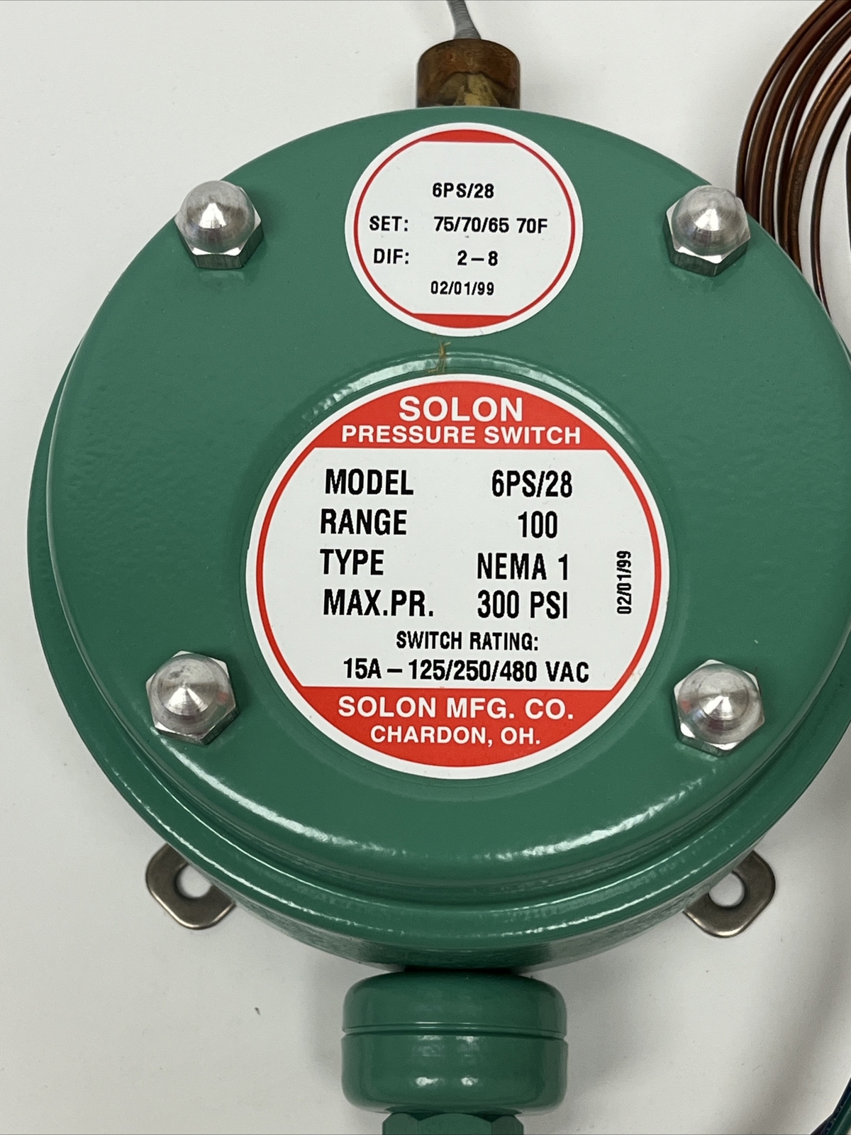NEW IN BOX Solon 6PS/28 Pressure Switch 15A – 125/250/480VAC 300PSI
