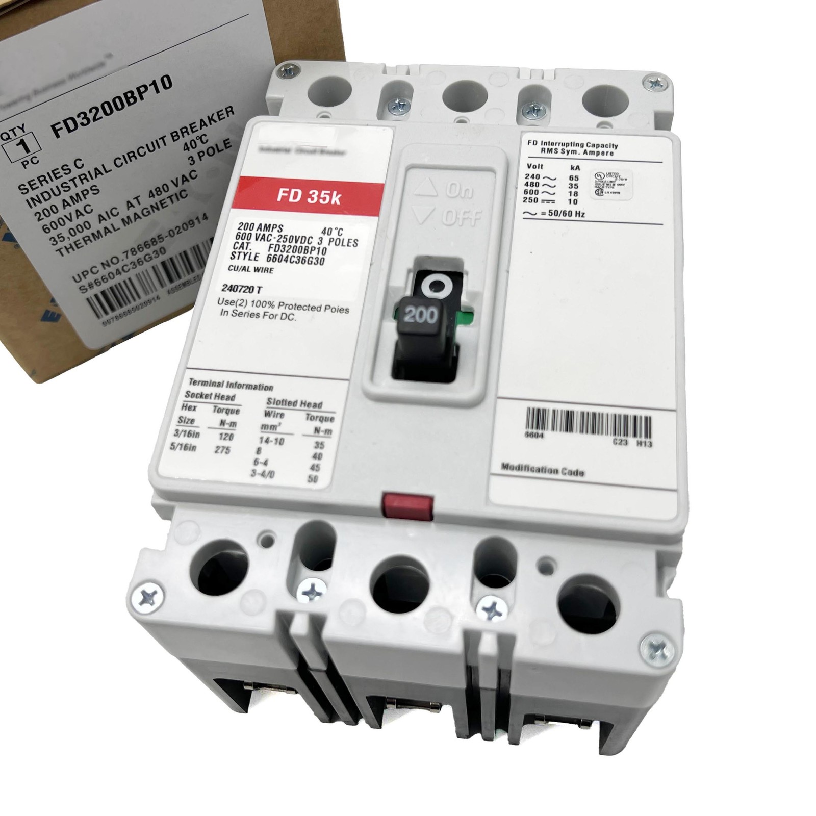 New Circuit Breaker FD 35k 200 Amp 3 Pole 600V FD3200BP10