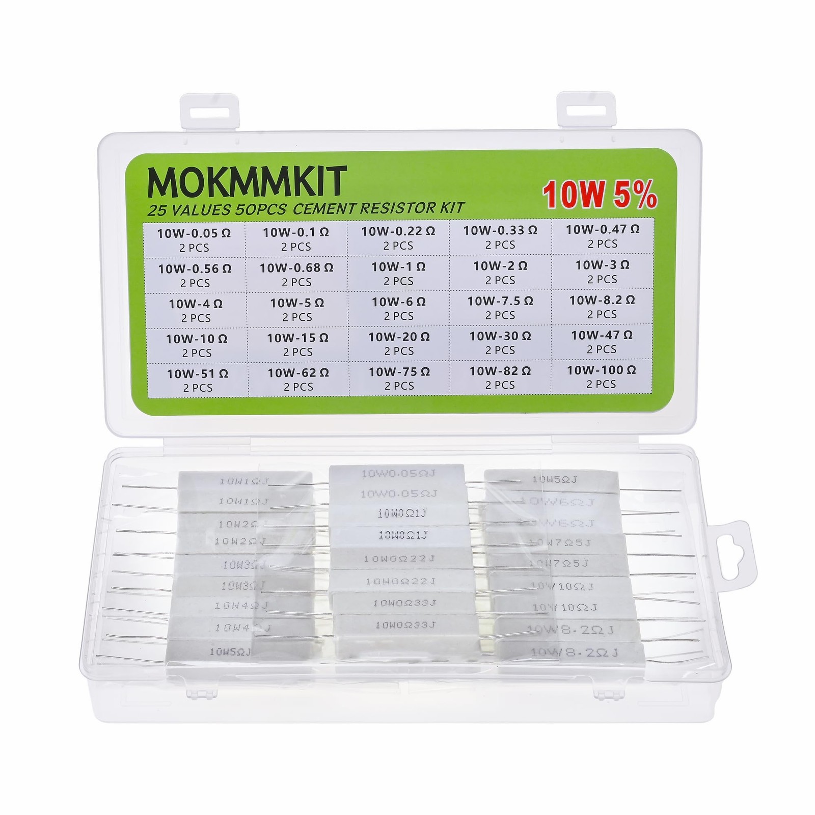 MOKMMKIT 25 Values 50 Pieces Ceramic Cement Resistor 0.05Ω-100Ω 50PCS, gray