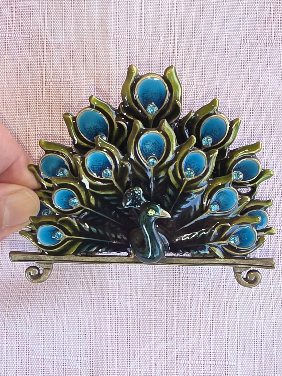 Cracker Barrel Peacock Letter Holder / Mail Organizer – Jeweled Enamel Metal Des