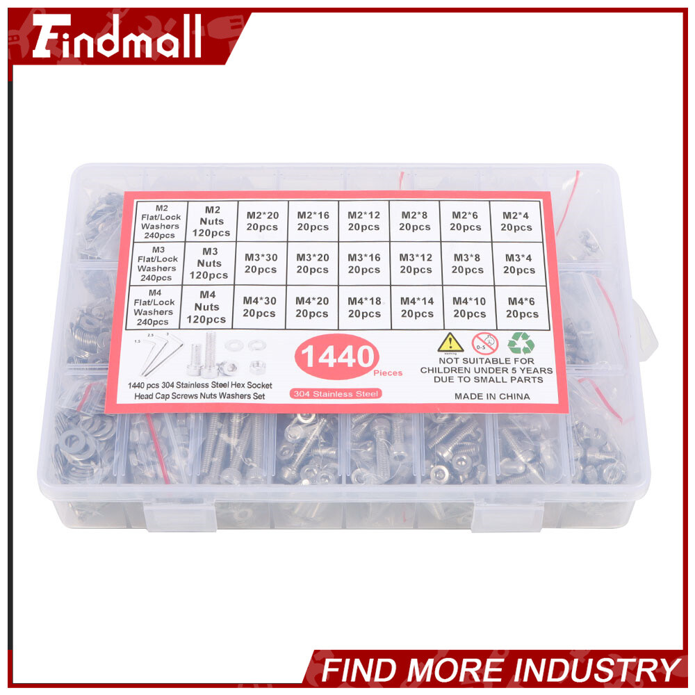 Findmall 1440PCS M2 M3 M4 Hex Socket Head Cap Metric Bolts and Nuts Kit