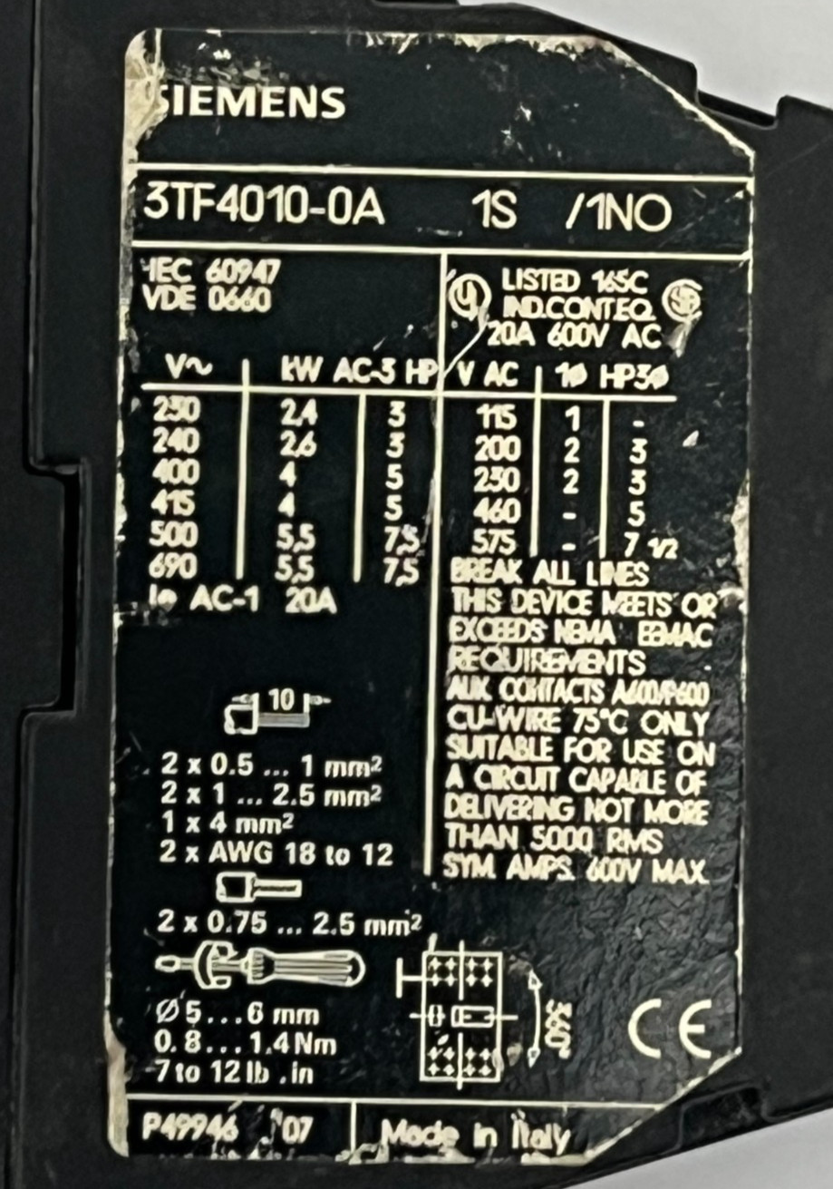 SIEMENS CONTACTOR 20A 600V AC 75°C TEMP RANGE 3TF4010-0A