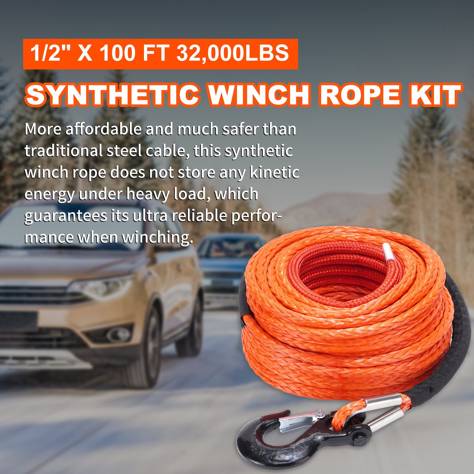 1/2″x100ft 32000lbs Synthetic Winch Rope Winch Line Cable Recovery 4WD ATV SUV