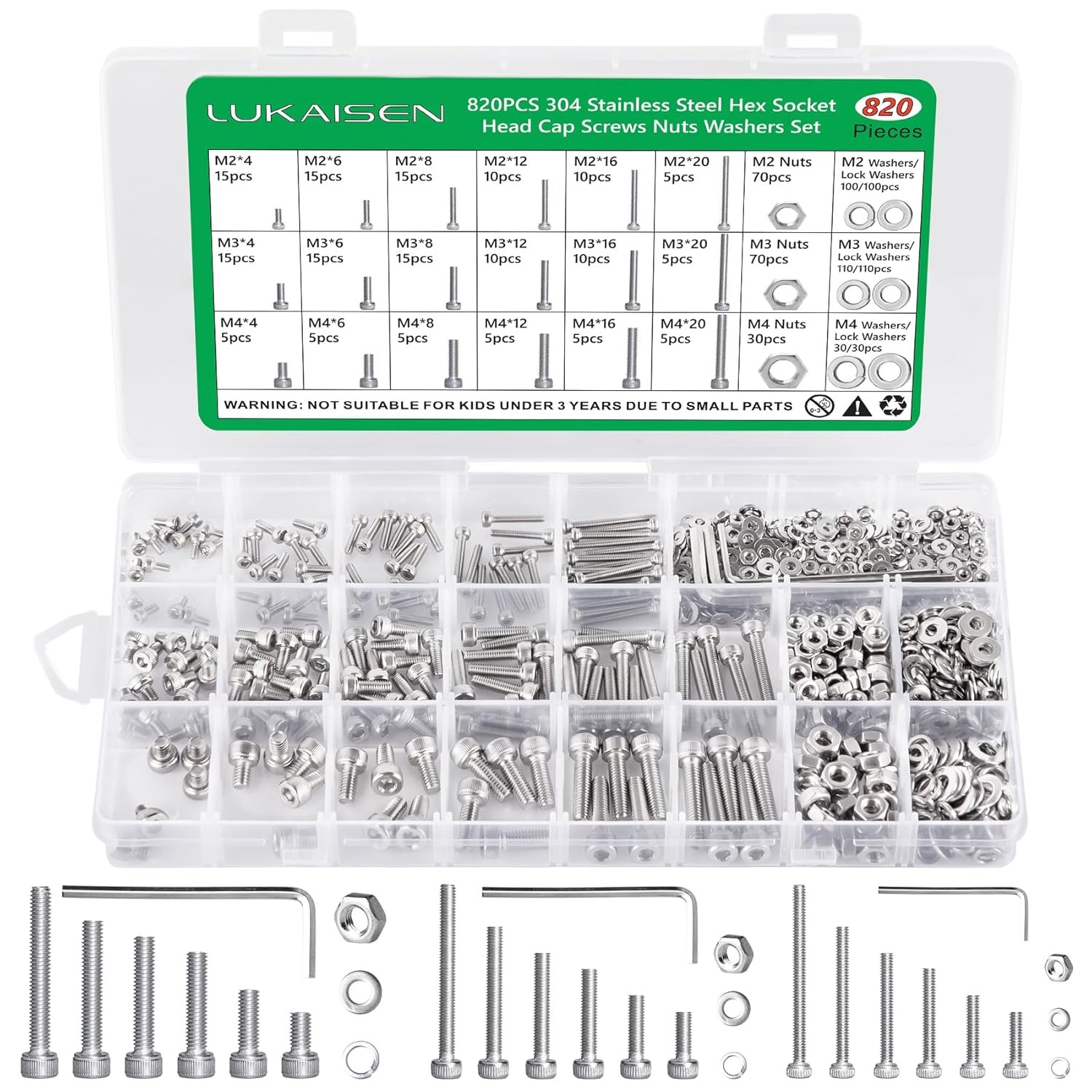820PCS M2 M3 M4 Screws Nuts Set Stainless Steel Hex Bolt Assortment Kit w/Wrench