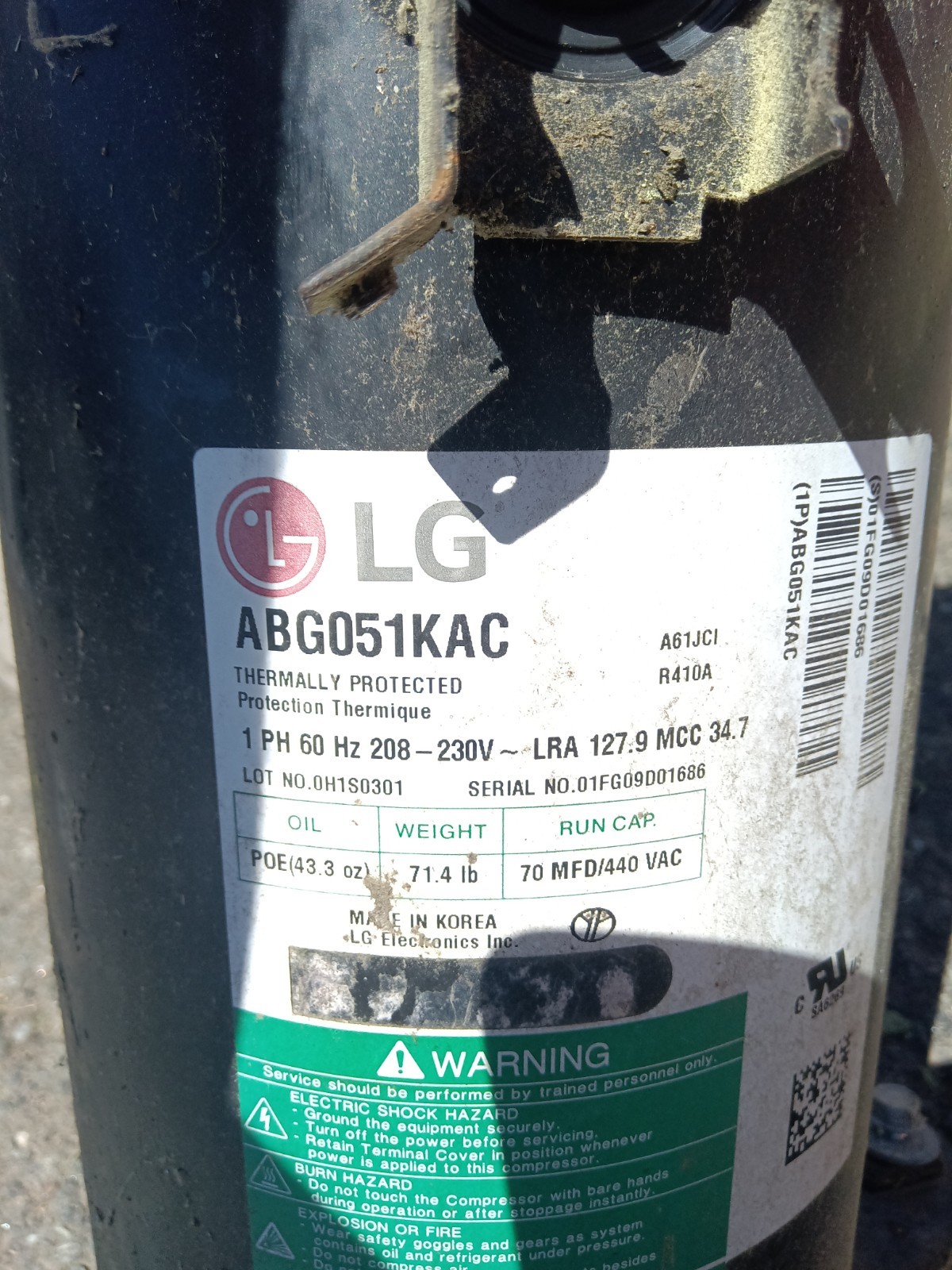 LG ABG051KAC Scroll Compressor 104161-09 Rheem USED TESTED 55-107225-03