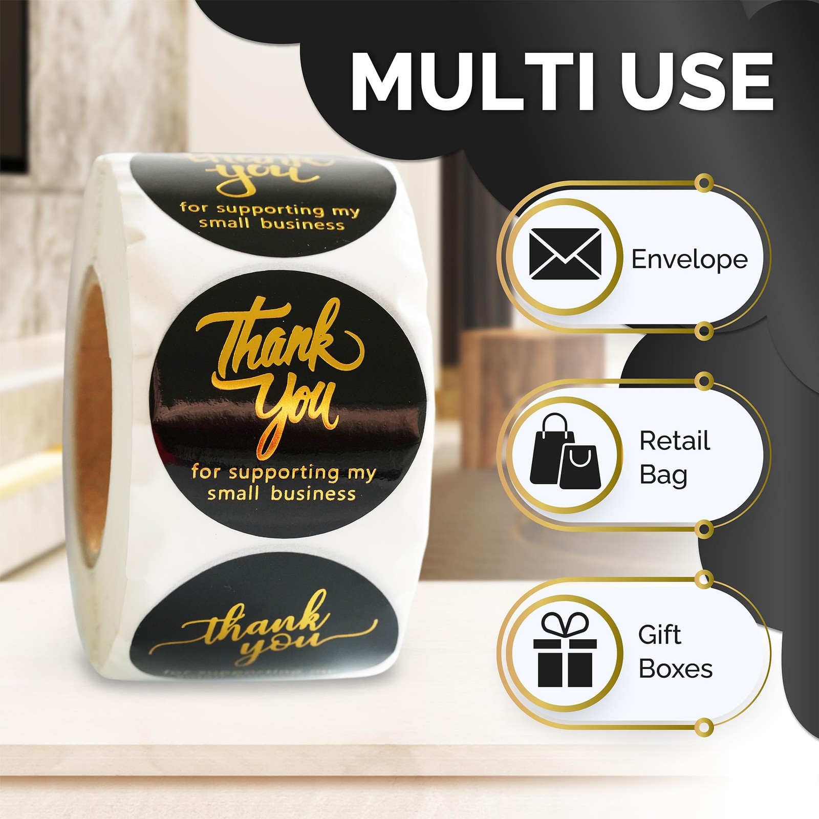 Thank You Labels for Gift Bags, 500 Gold Foil Stickers, 1.5 Inch, Black