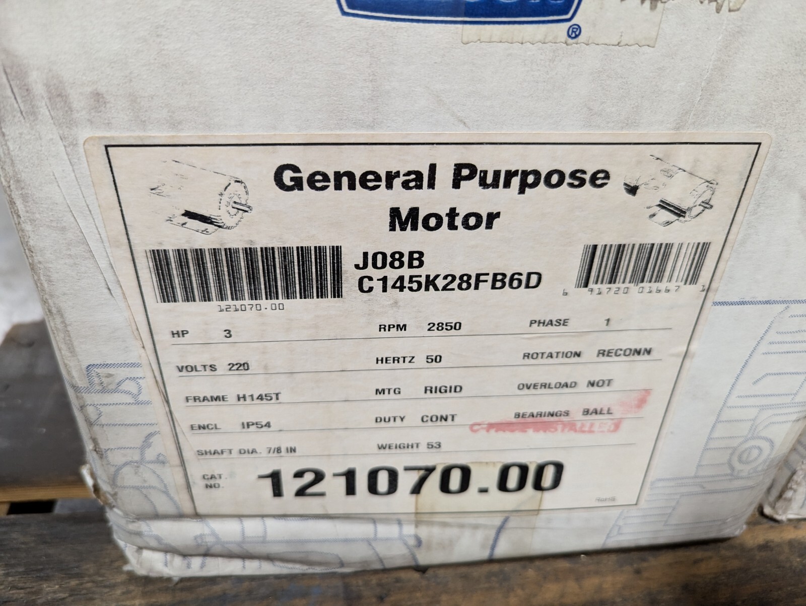 LEESON 1-Phase Motor : 3HP, 2850RPM, 50HZ, 220 Volts – FACTORY CLOSEOUT