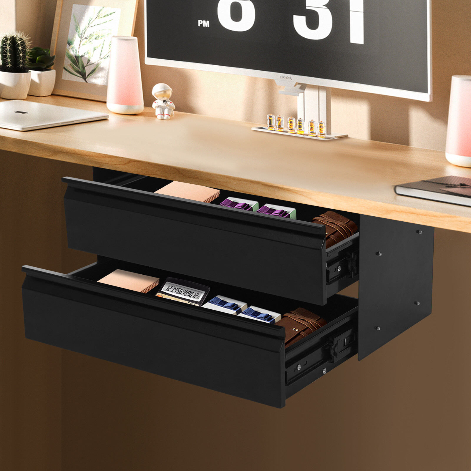2 Layer Steel Under Desk Drawer Slide Out Dual Tier Under Desk Drawer Organizer