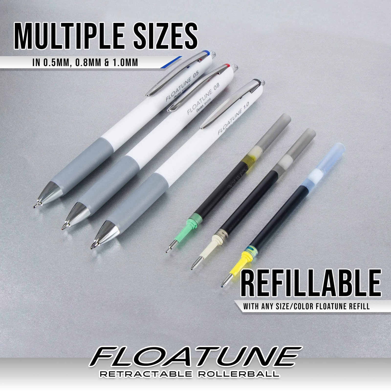 Pentel Floatune Retractable Rollerball, 0.5mm Fine Point, Assorted Ink, 5-Pk