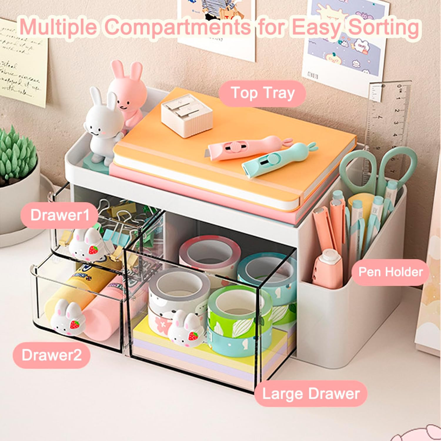 Desk Organizer with 3 Drawers and Pencil Pen Holder, Multi-Functional Desktop Ma