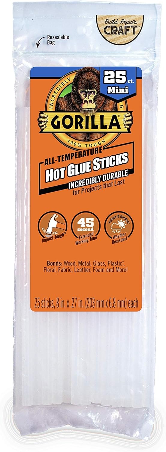 Gorilla Hot Glue Sticks, Mini Size, 8″ Long x .27″ Dia, 25 Count, Clear, 1EA