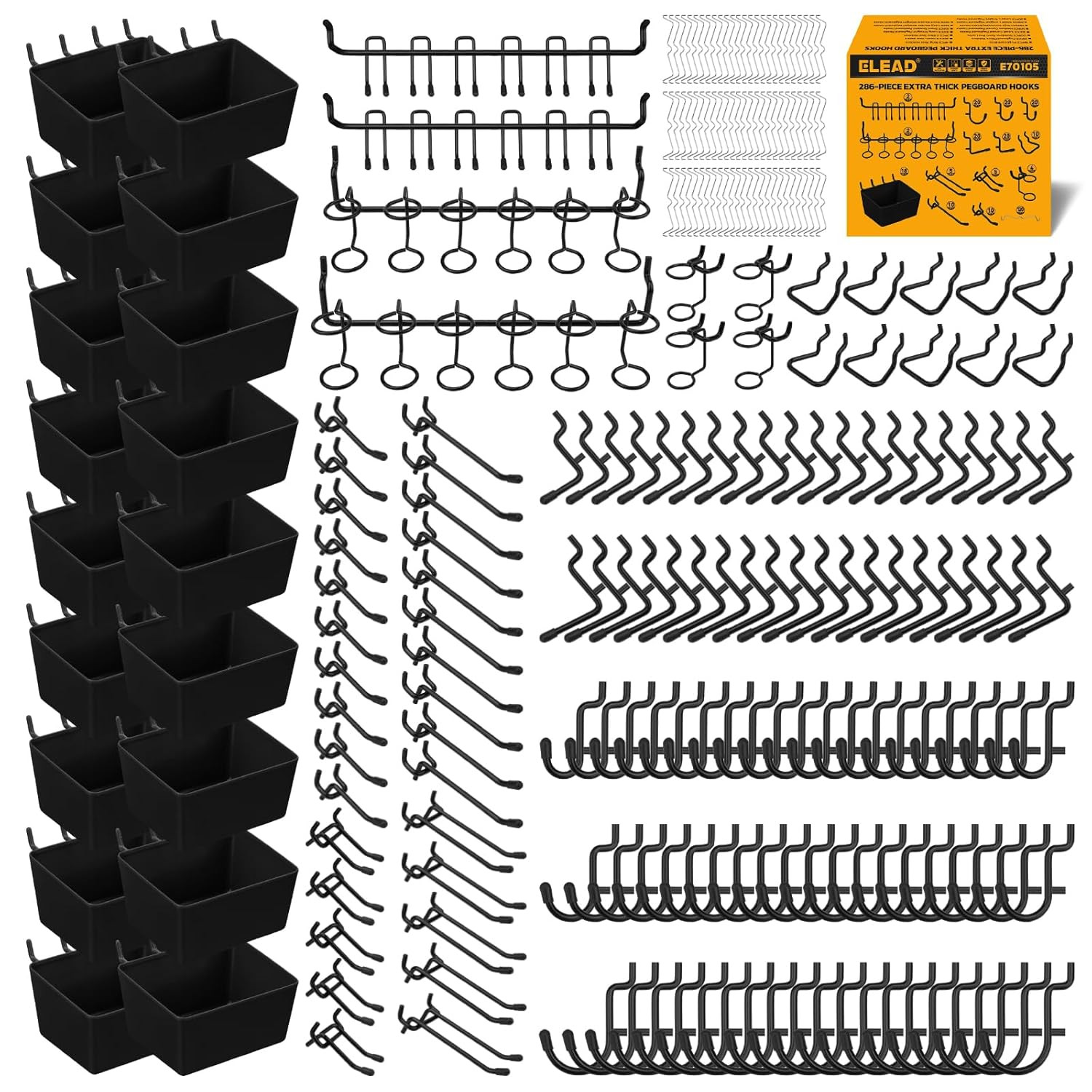 286-Piece Extra Thick Pegboard Hooks Set, 1/4″ Heavy Duty Black Peg Board Organi