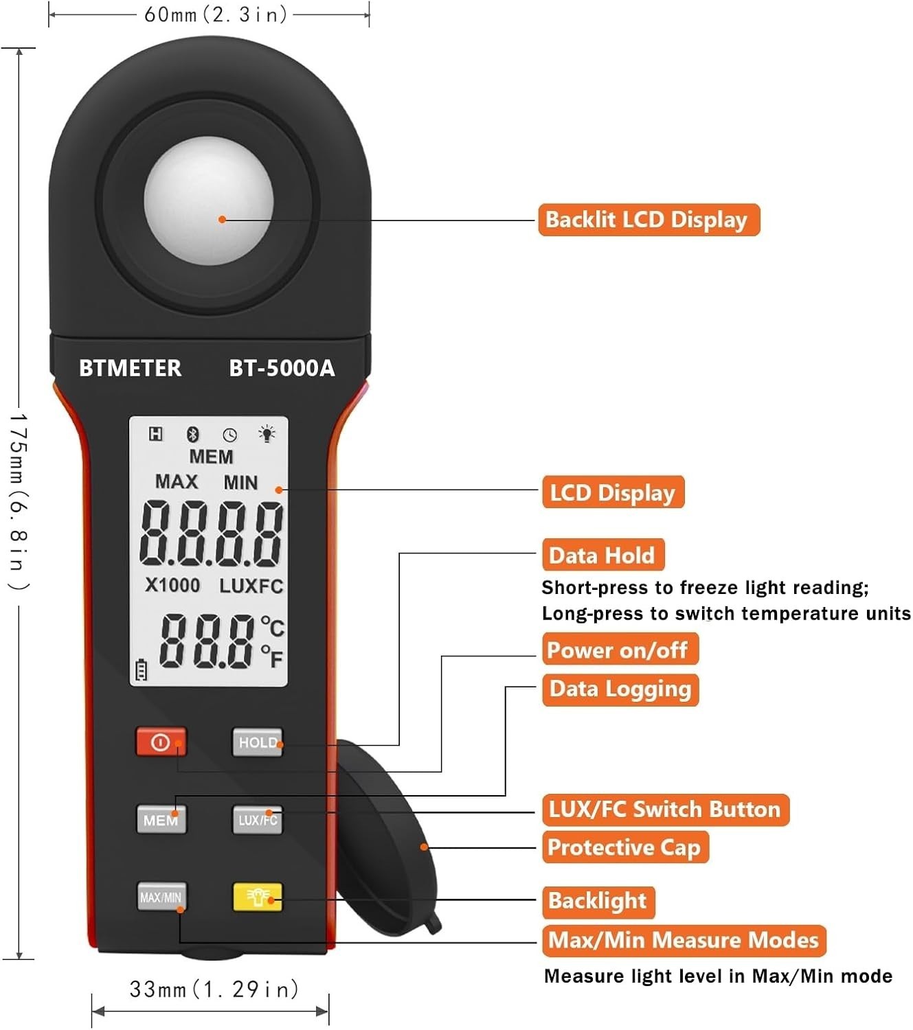 Light Lux Meter Logger BT-5000A Digital Lumen Tester Measure Lighting Level I…
