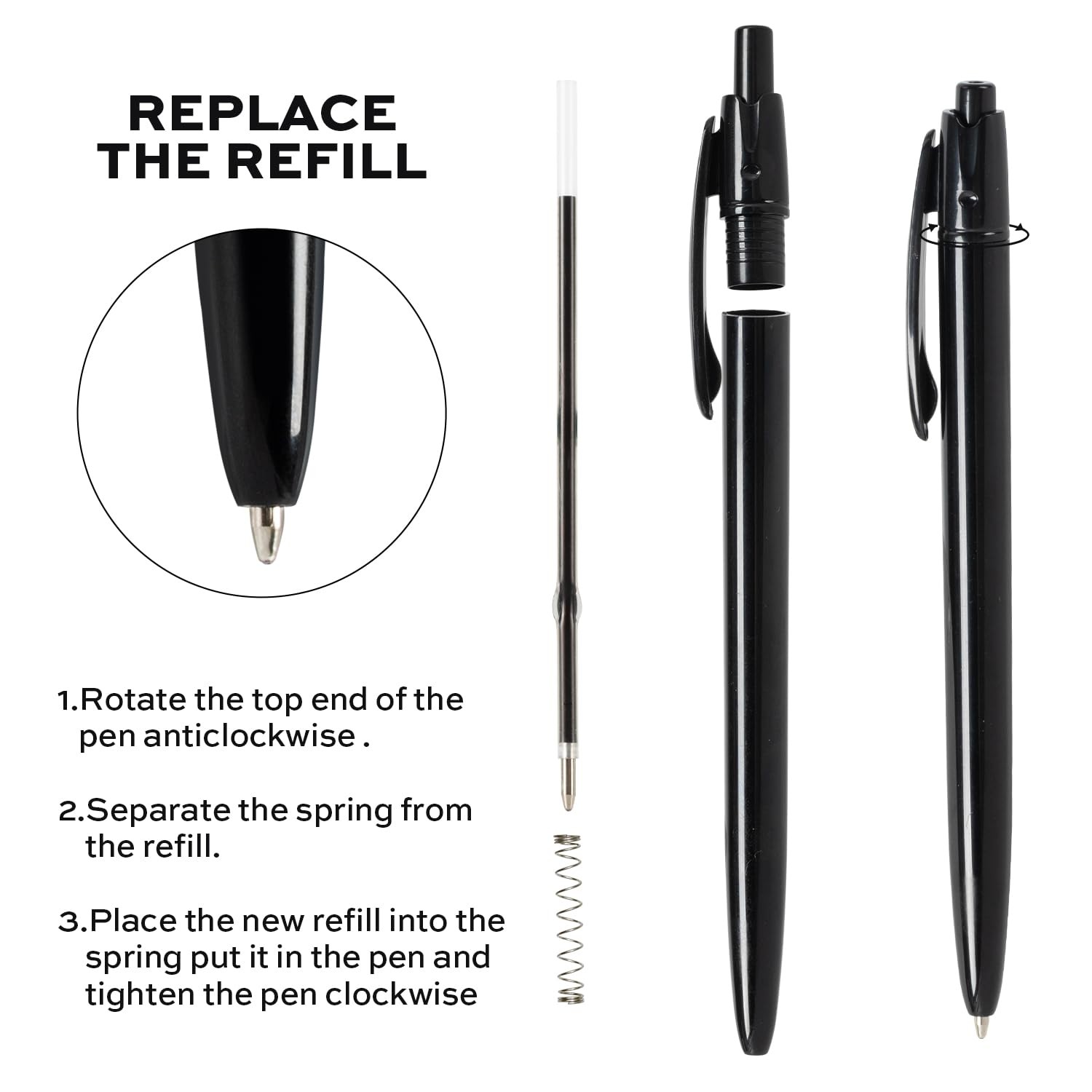 deli Pens Bulk, 50 Pcs Retractable Ballpoint 50 Count (Pack of 1), Black