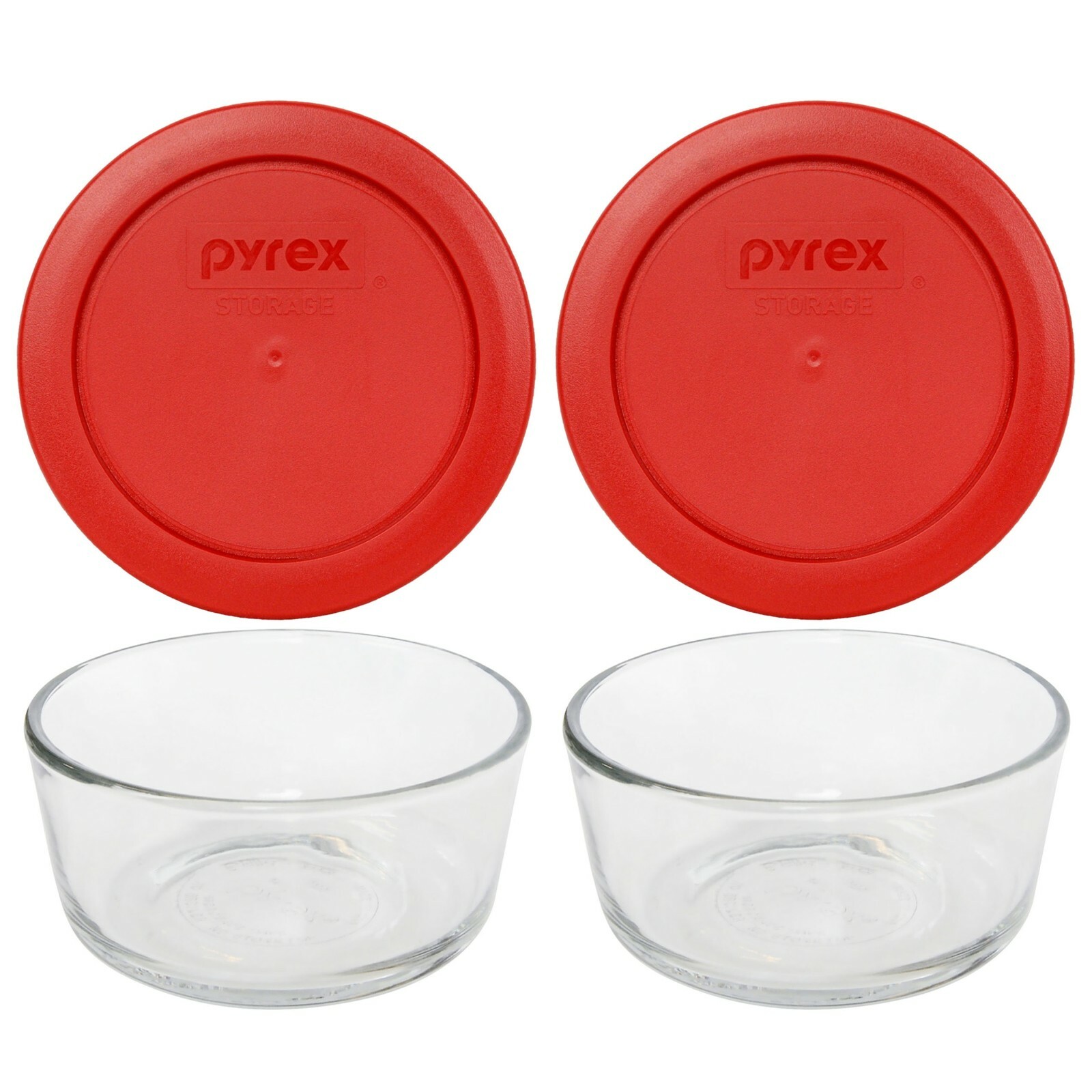 Pyrex (2) 7200 Round Storage Glass Bowls & (2) 7200-PC Poppy Red Plastic Lids
