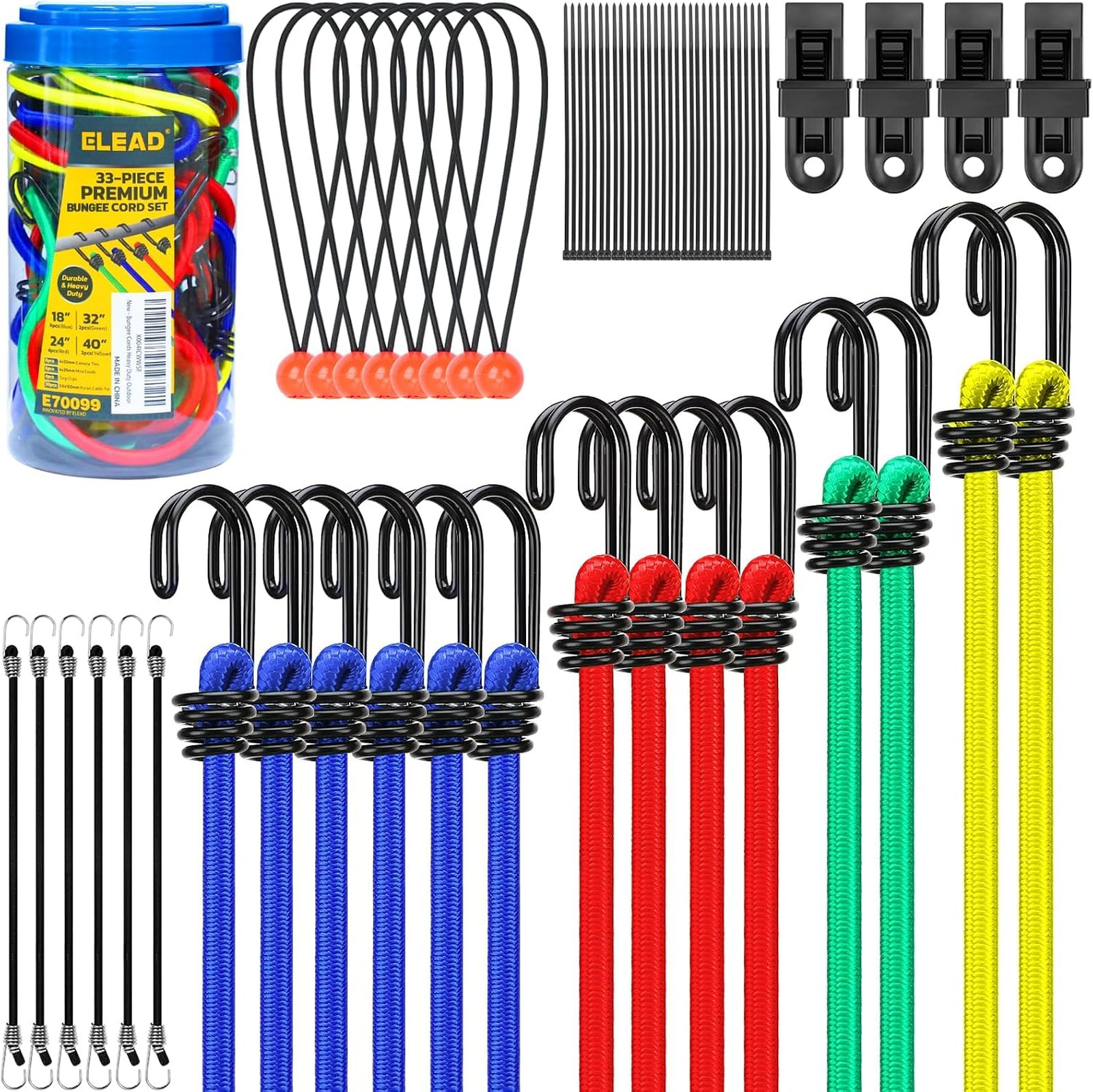 Premium Bungee Cord Set Assortment 33 Pieces Includes Hooks Tarp Clips and Ties