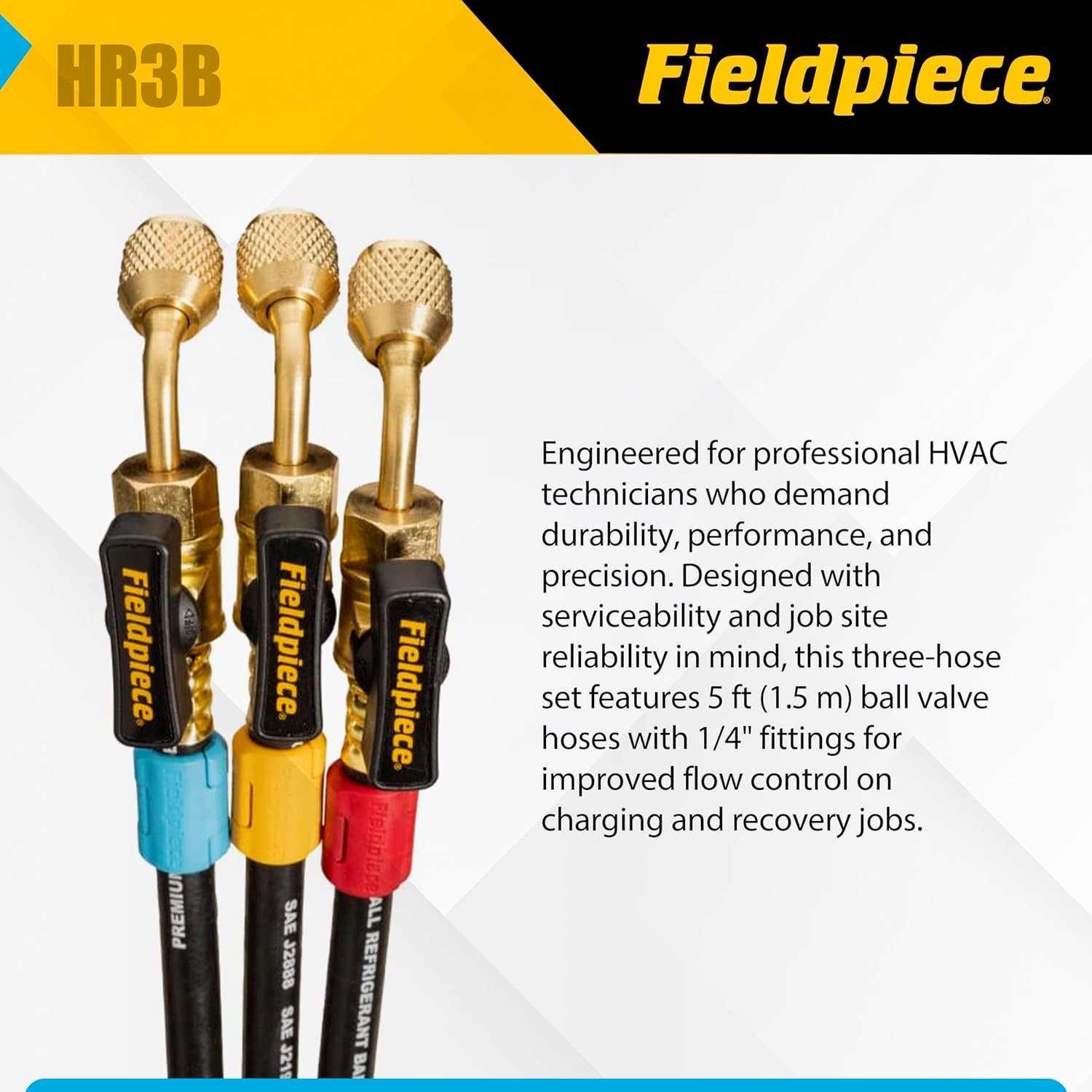 Fieldpiece HR3B – ¼” Ball Valve Hose Set – 5 ft Refrigerant Charging & Recovery