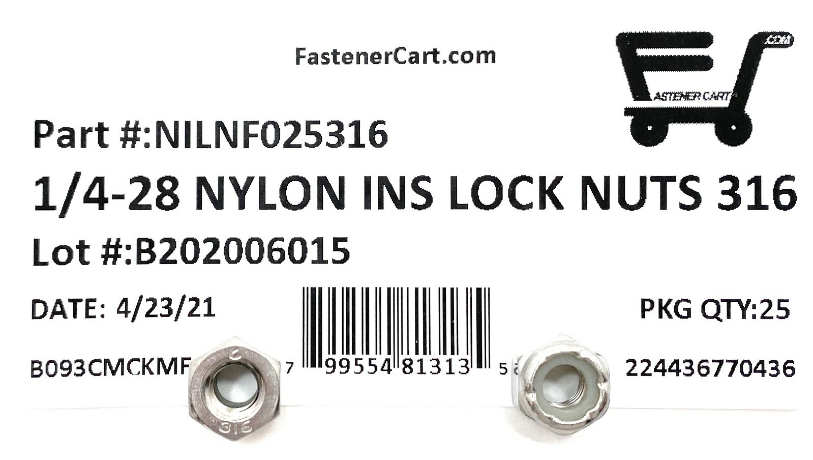 (25) 1/4-28 Stainless Steel Nylon Insert Lock Nuts – 316 Marine Grade Stainless