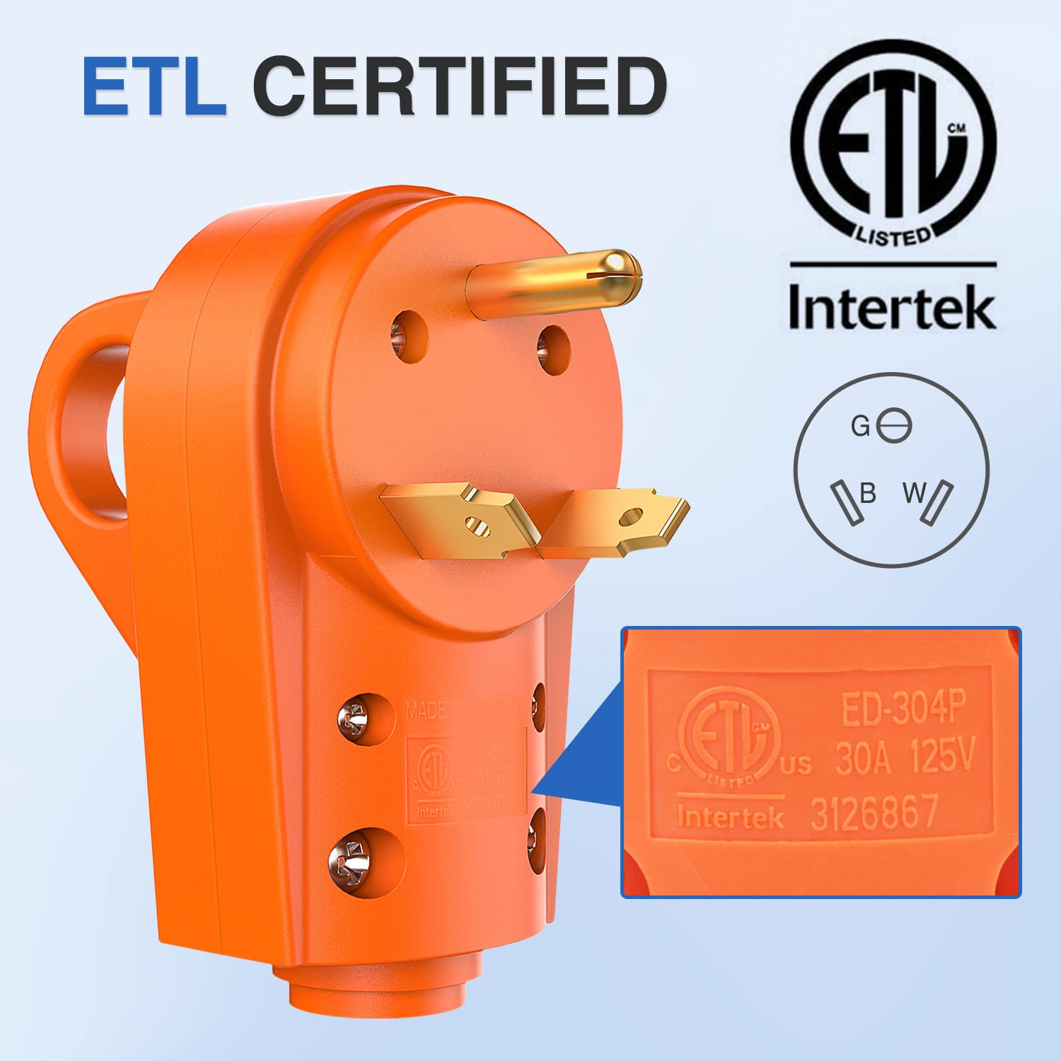 30 Amp RV Replacement Plug 125 Volt Heavy Duty Male with Handle ETL Listed NEMA