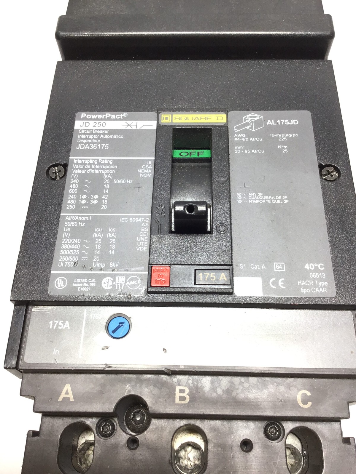 Square JD250 JDA36175 Circuit Breaker 175A 3-Pole 600V