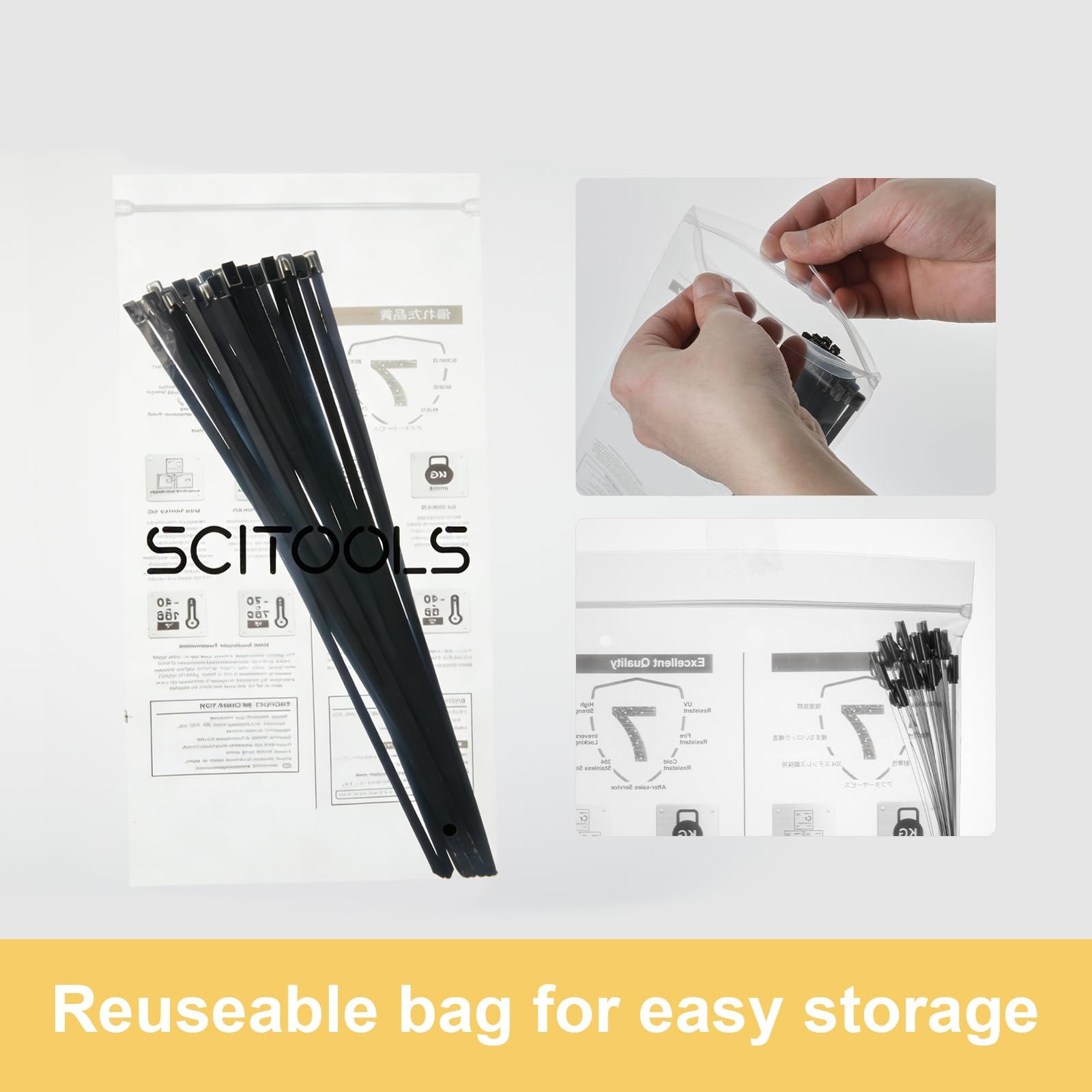 SCITOOLS Metal Zip Ties Black 11.8in Stainless Steel 0.18in x 11.8in,