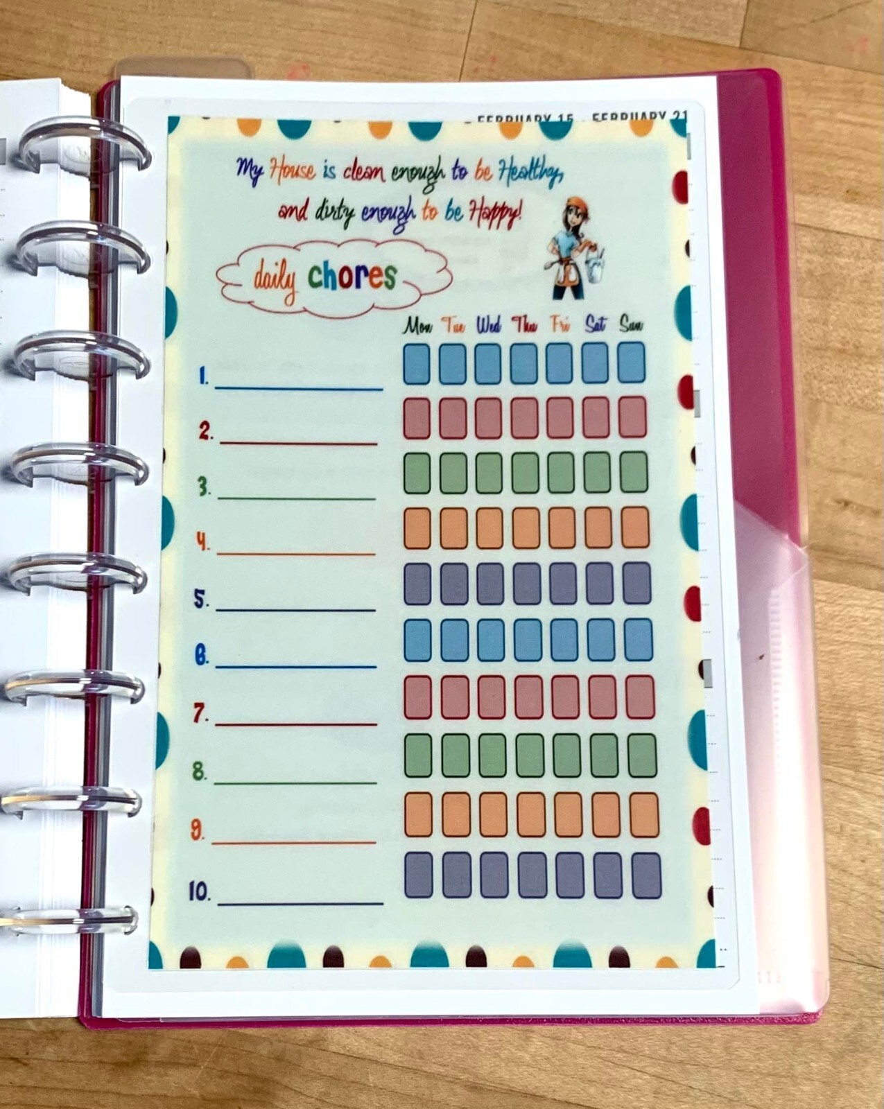 Daily Chores Cleaning DASHBOARD Insert FOR USE with the TUL/Arc (8 disc) Planner