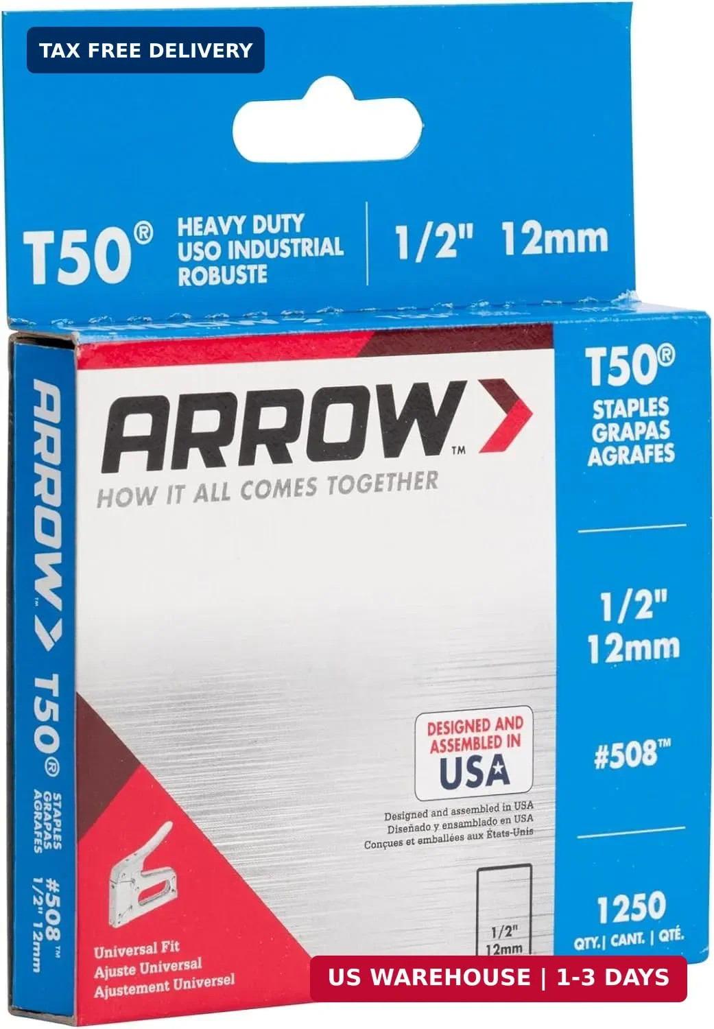 Arrow 508 Heavy Duty T50 1/2-Inch Leg Length, 3/8-Inch Crown, Staples for Uphols
