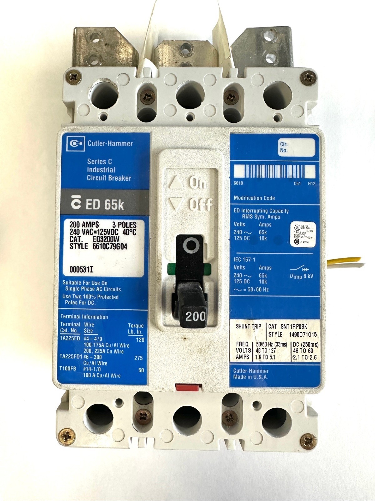 EATON Cutler-Hammer ED3200 3 Pole 200 Amp 65K SHUNT TRIP
