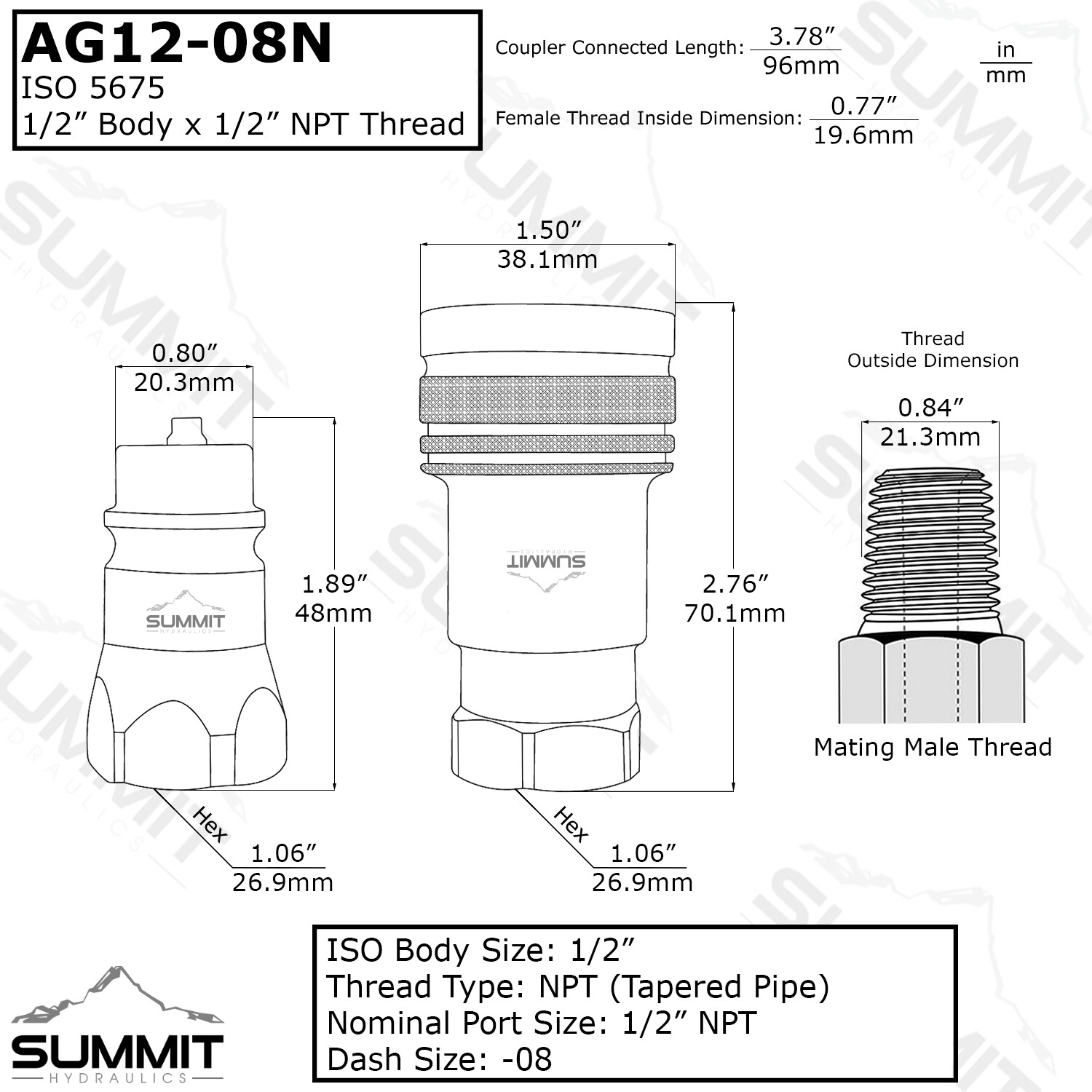 1/2″ Ag ISO 5675 Hydraulic Quick Connect Female Coupler, Poppet Valve, 1/2″ NPT