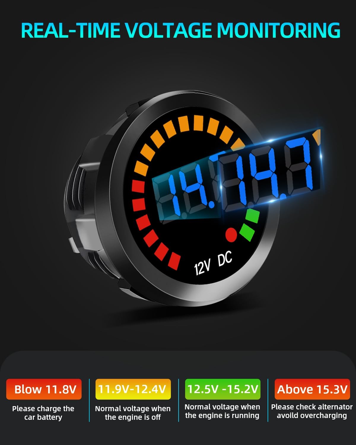 2PCS Waterproof DC 12V Voltage Meter, LED Digital Display Voltmeter Gauge Pan…