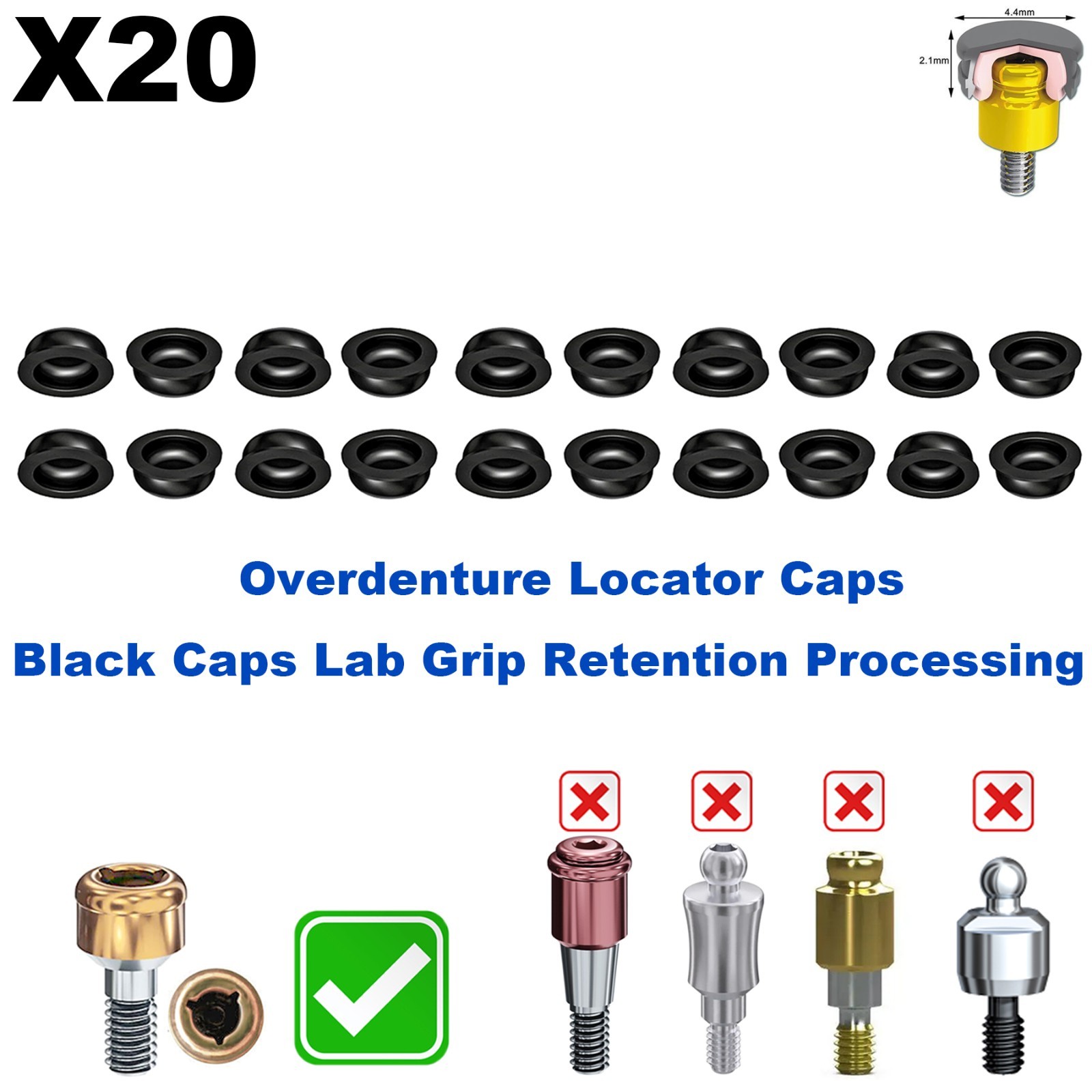 US 20Pcs Overdenture Abutment Retention Caps For Dental Locator Inserts Implant