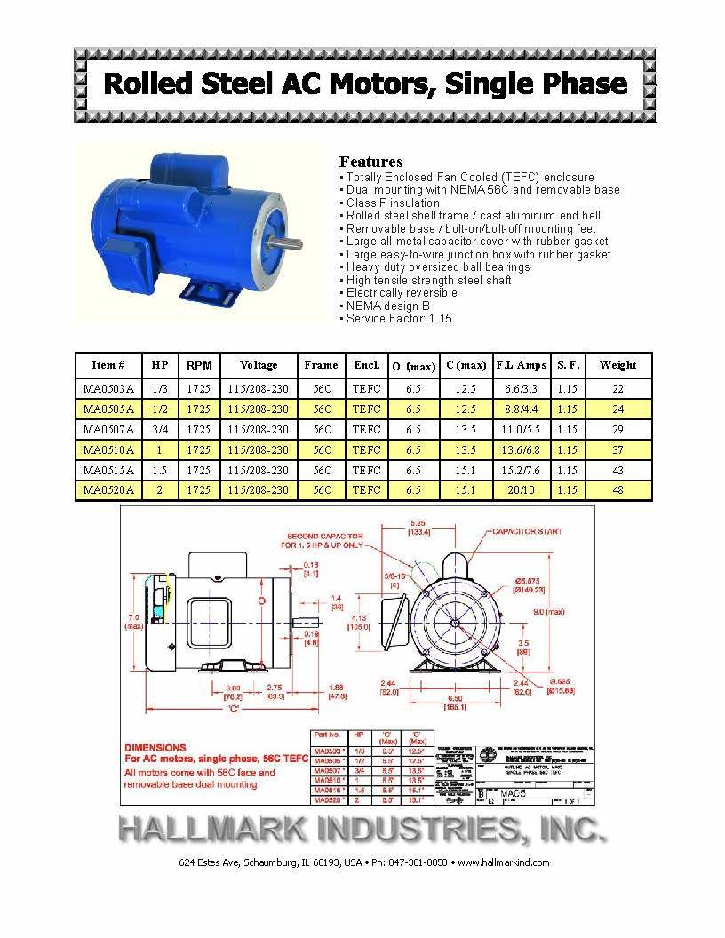 AC MOTOR, 2HP, 1750 RPM, 1PH, 115V/208-230V, 56C/TEFC, With base