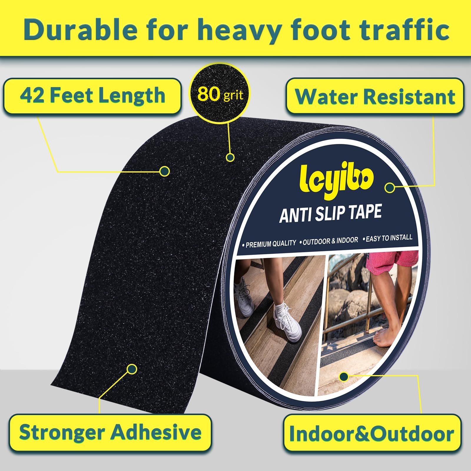 Anti Slip Tape, 4 Inch x 42 Ft Grip Tape for Stairs Outdoor/Indoor, Waterproof N