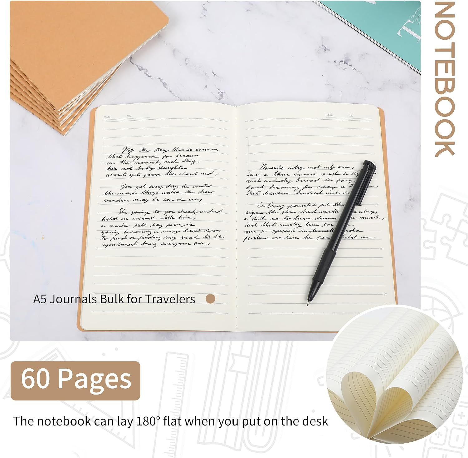 12 Pack A5 Kraft Paper Notebook Lined Journal Bulk, 8.3 X 5.5 Inch, 60 Pages/30