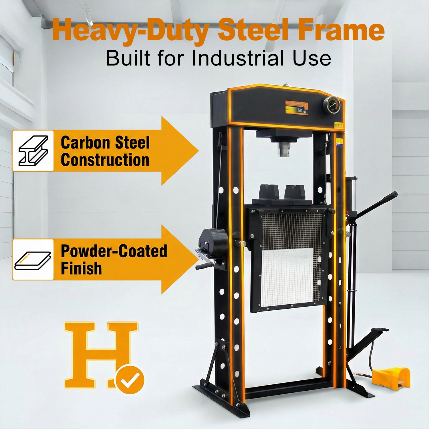 50 Ton Heavy Duty H-Frame Hydraulic Shop Repair Press with Triangular Support