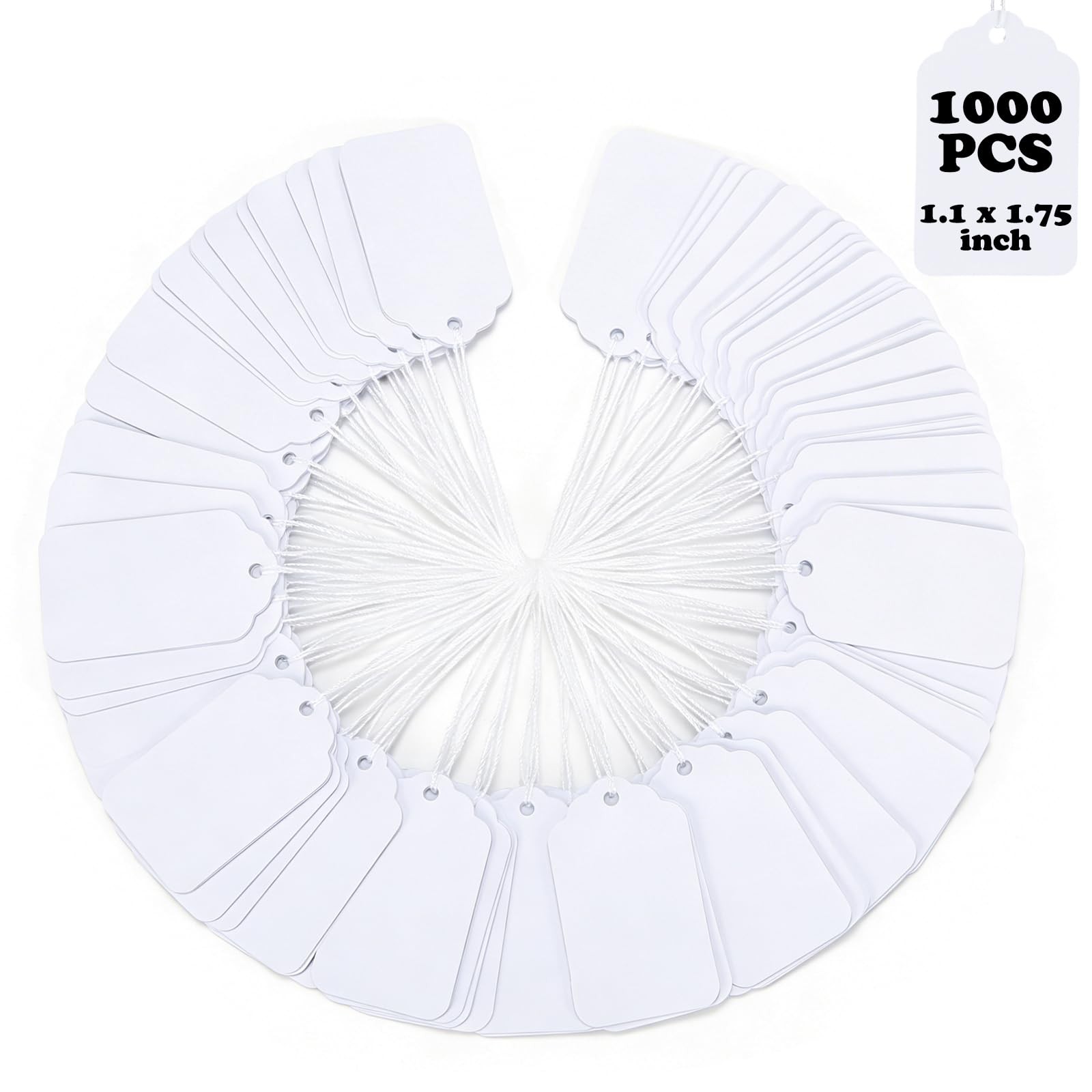 1000 Blank White Merchandise Price Tags with Strings Size #5 Retail Strung Labe