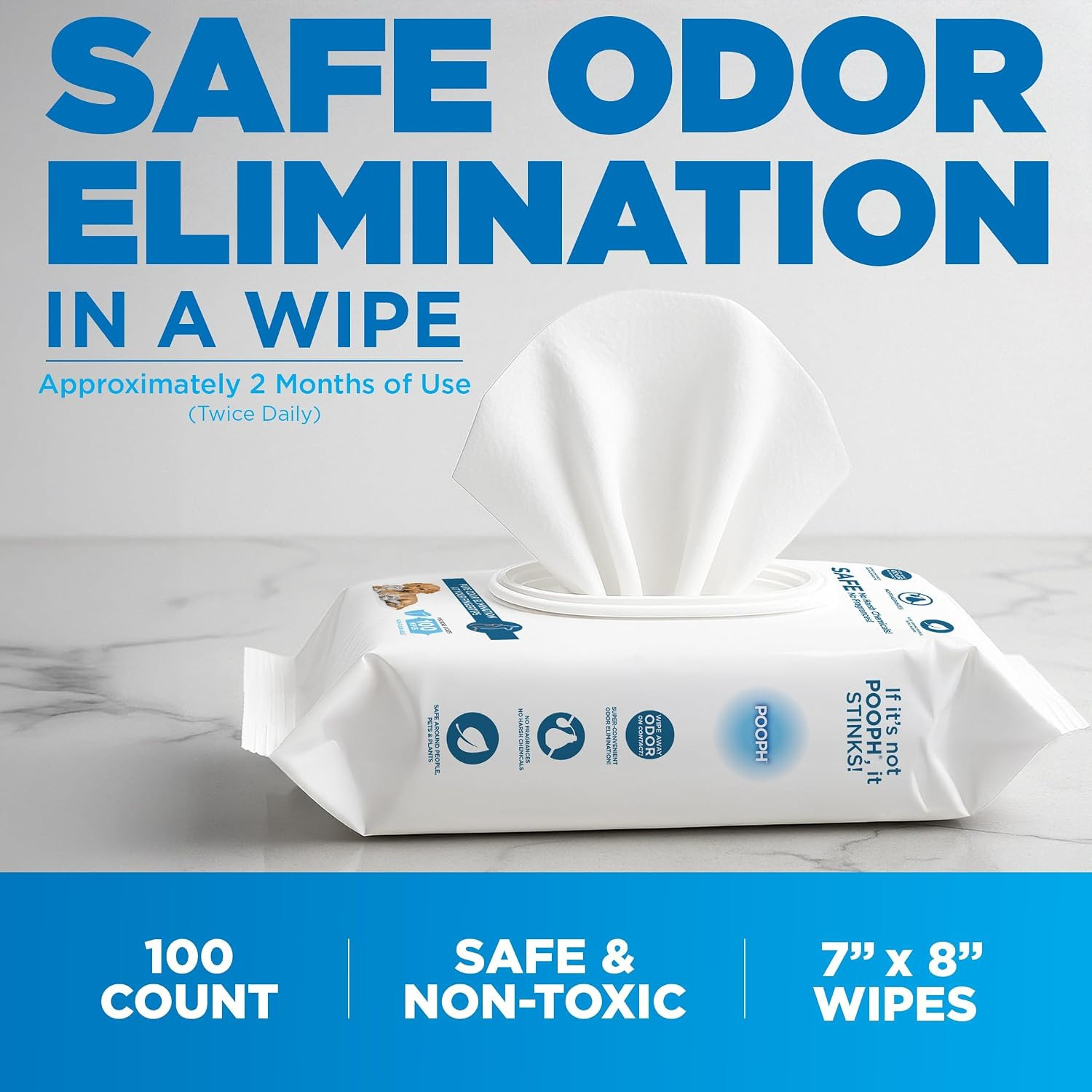 POOPH® Pure Wipes™ – 100 Count Pack – Gentle, Fast Odor Elimination – No Fragran