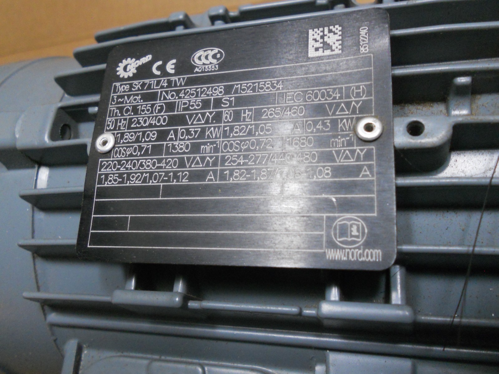 3 phase 230/460 Type SK71L/4TW electric motor with gear speed reducer
