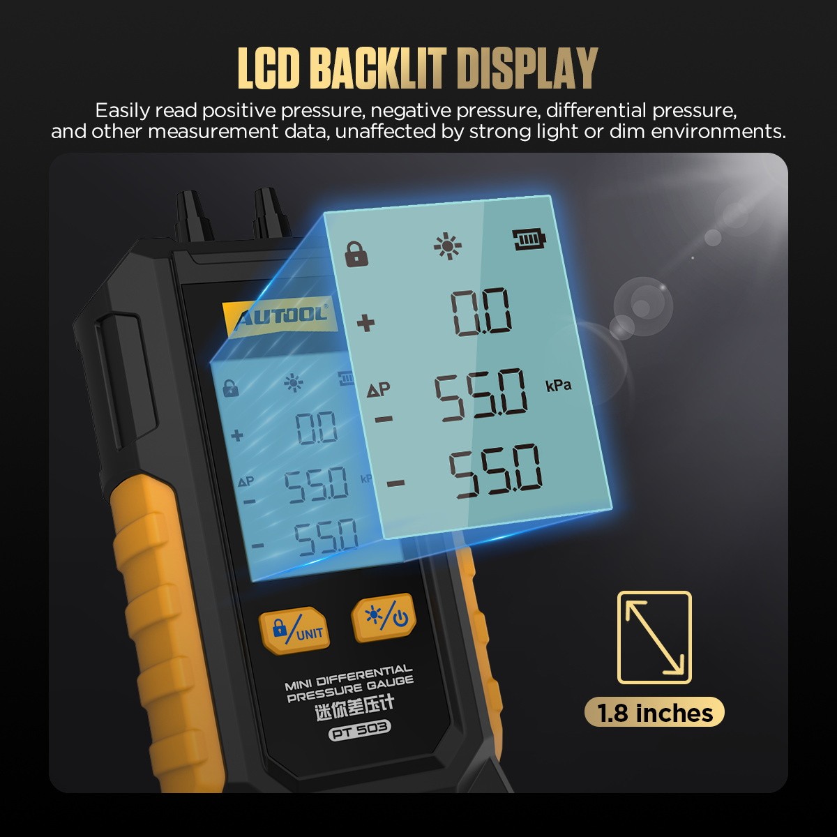 Digital Manometer Gas Air Pressure Tester Dual Port HVAC Tester Meter 200 kPa