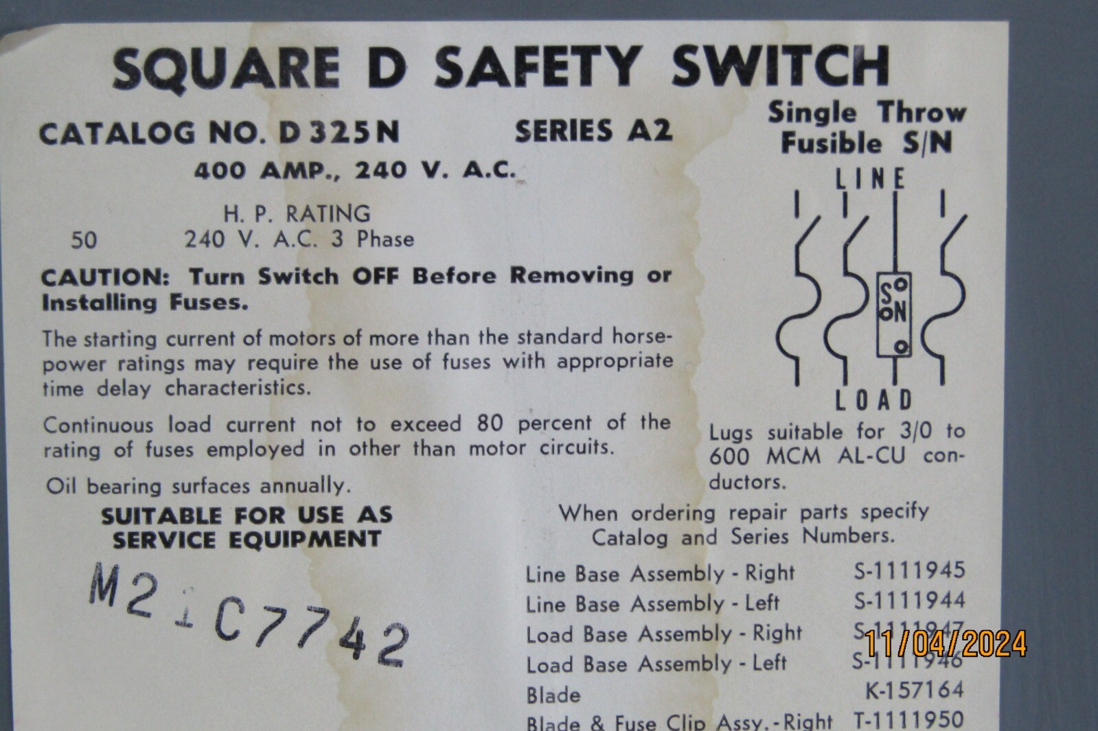 😏 SQUARE D 400 AMP FUSED SAFETY SWITCH 240 VAC 125 HP MAX 3Ø D325N