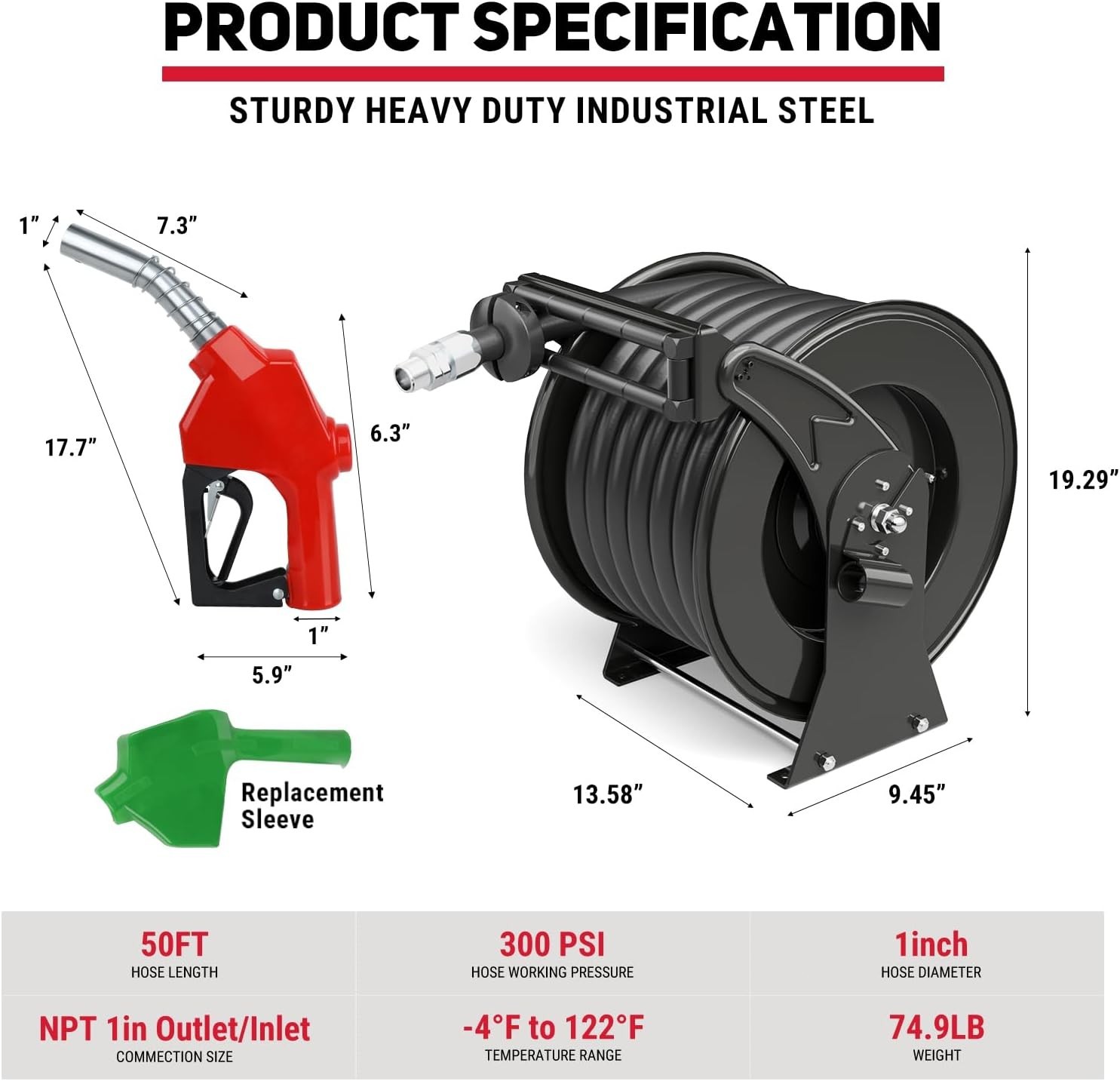 Fuel Hose Reel Retractable Diesel Hose Reel 1″ x 50′ Auto Fueling Nozzle, Black