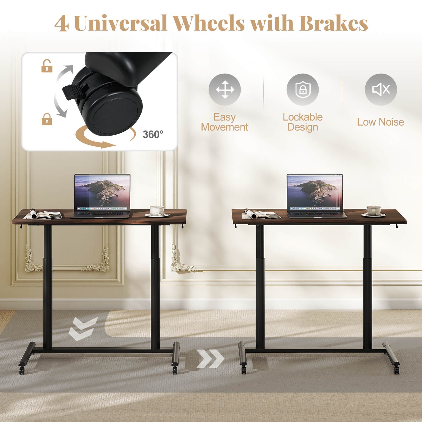 Costway Height Adjustable Computer Desk Sit Stand Rolling Notebook Table Brown